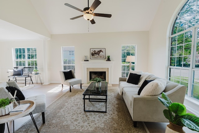 100 Crestfield Pl, Franklin, TN 37069 - living room with ceiling fan, high vaulted ceiling, and a fireplace