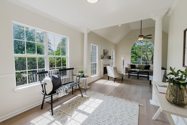100 Crestfield Pl, Franklin, TN 37069 - sitting room with decorative columns, wood finished floors, ceiling fan, and vaulted ceiling