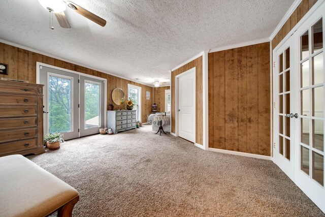 554 Hickman Shores Rd, Dover, TN 37058 - living area featuring french doors, wood walls, carpet, a textured ceiling, and ornamental molding