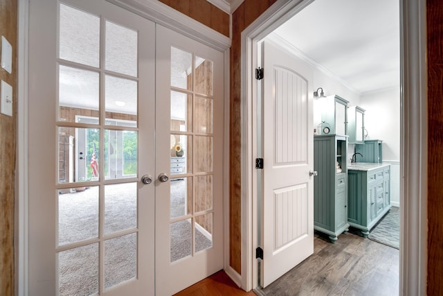 554 Hickman Shores Rd, Dover, TN 37058 - entryway with french doors, crown molding, and light wood finished floors