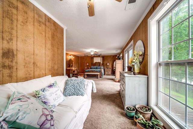 554 Hickman Shores Rd, Dover, TN 37058 - carpeted living area with wood walls, healthy amount of natural light, a textured ceiling, and a ceiling fan