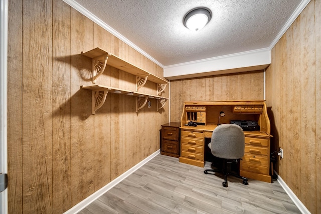 554 Hickman Shores Rd, Dover, TN 37058 - office featuring a textured ceiling, light wood-style floors, wooden walls, and crown molding