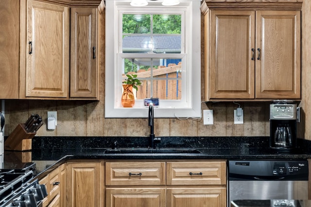 554 Hickman Shores Rd, Dover, TN 37058 - kitchen featuring dishwasher, dark stone counters, and tasteful backsplash