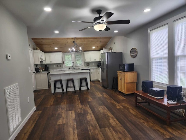 200 Church St, Loretto, TN 38469 - kitchen with stainless steel appliances, ceiling fan, light countertops, white cabinets, and recessed lighting
