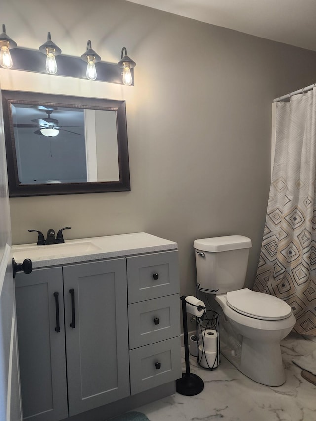 200 Church St, Loretto, TN 38469 - bathroom featuring marble finish flooring, vanity, a ceiling fan, and curtained shower