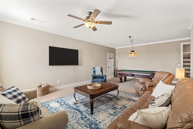 318 Finnhorse Ln, Franklin, TN 37064 - living room featuring carpet flooring, billiards table, ornamental molding, and ceiling fan
