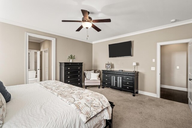 318 Finnhorse Ln, Franklin, TN 37064 - bedroom featuring carpet, ornamental molding, a ceiling fan, and ensuite bath