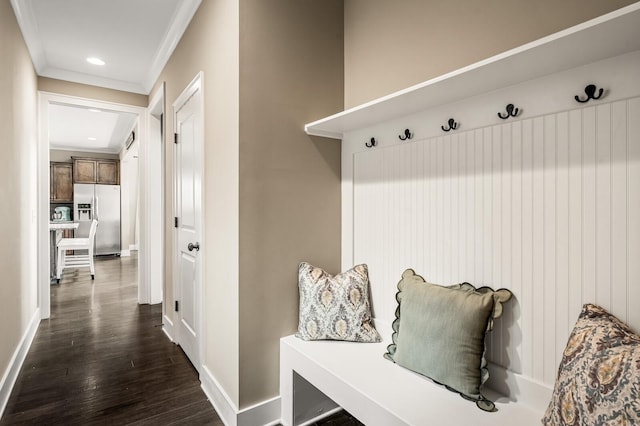 318 Finnhorse Ln, Franklin, TN 37064 - mudroom featuring ornamental molding, dark wood finished floors, and recessed lighting