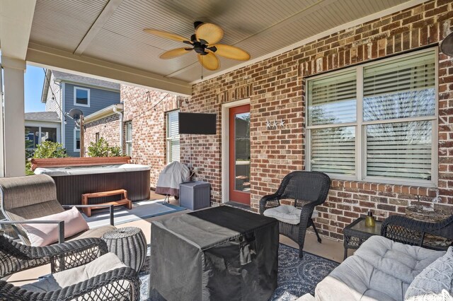 318 Finnhorse Ln, Franklin, TN 37064 - view of patio / terrace with a hot tub, a ceiling fan, and an outdoor living space