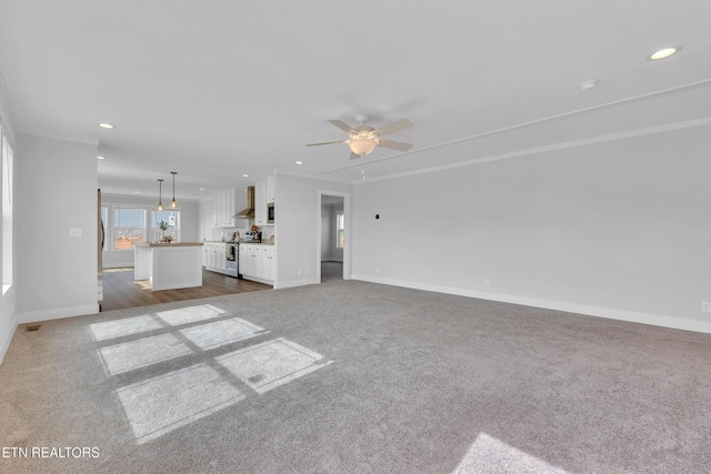 1559 River Path, Morristown, TN 37813 - unfurnished living room featuring dark carpet, recessed lighting, and a ceiling fan