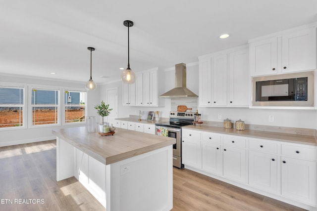 1559 River Path, Morristown, TN 37813 - kitchen featuring wall chimney range hood, stainless steel electric range, built in microwave, white cabinets, and recessed lighting