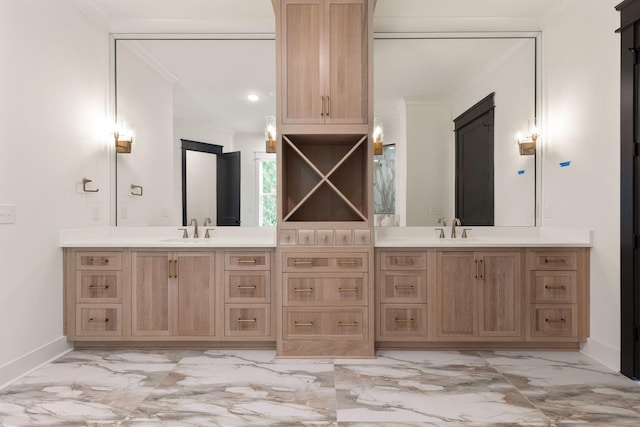 7312 Walker Rd, Fairview, TN 37062 - bathroom with marble finish flooring, double vanity, crown molding, and recessed lighting
