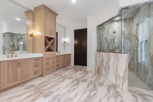 7312 Walker Rd, Fairview, TN 37062 - full bathroom with a marble finish shower, vanity, marble finish flooring, ornamental molding, and recessed lighting