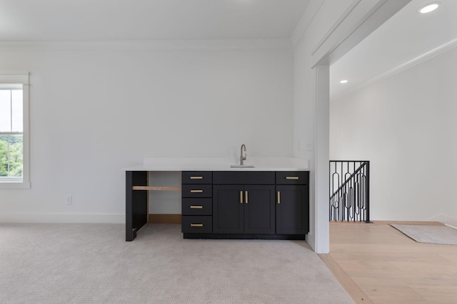 7312 Walker Rd, Fairview, TN 37062 - indoor wet bar with crown molding, recessed lighting, and light colored carpet