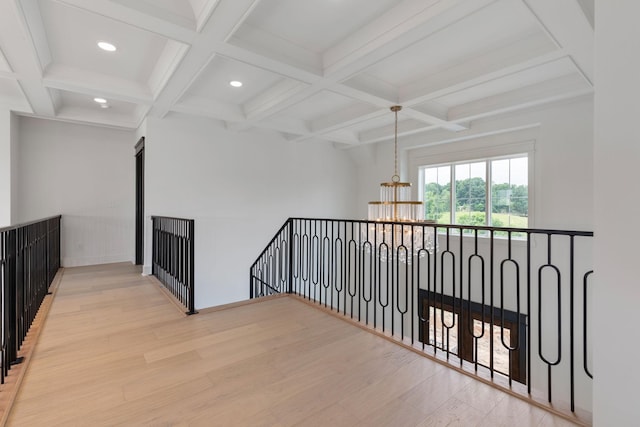 7312 Walker Rd, Fairview, TN 37062 - hallway with coffered ceiling, beam ceiling, wood finished floors, recessed lighting, and a chandelier