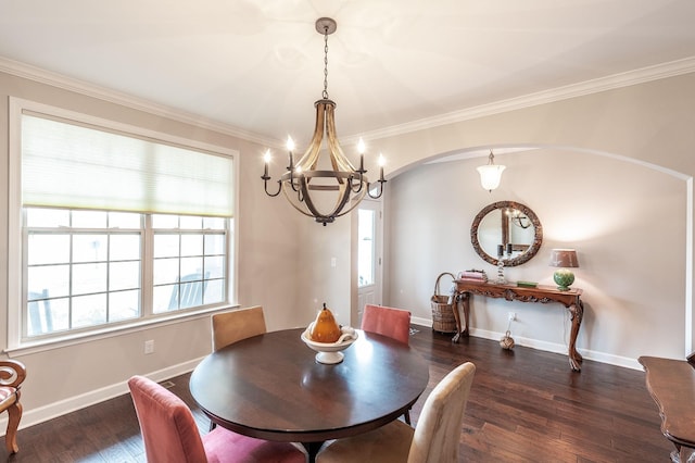 2044 Albatross Way, Gallatin, TN 37066 - dining room with arched walkways, a chandelier, healthy amount of natural light, crown molding, and wood finished floors