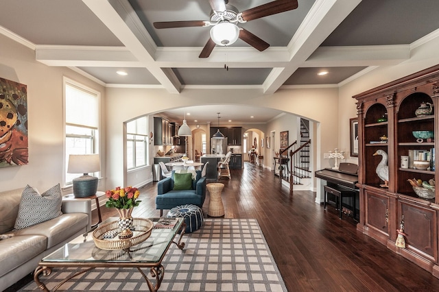 2044 Albatross Way, Gallatin, TN 37066 - living room featuring arched walkways, ceiling fan, beamed ceiling, coffered ceiling, and ornamental molding