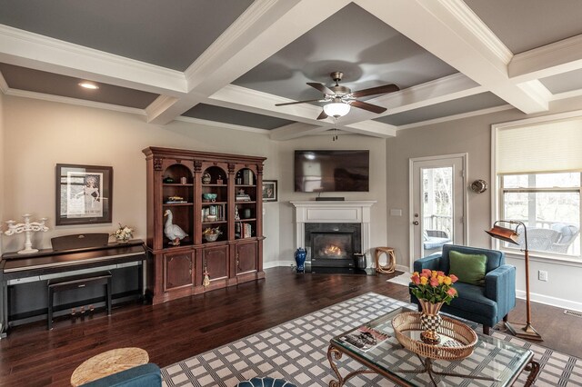 2044 Albatross Way, Gallatin, TN 37066 - living room with coffered ceiling, crown molding, a fireplace, wood finished floors, and beam ceiling