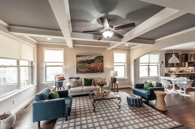 2044 Albatross Way, Gallatin, TN 37066 - living area featuring arched walkways, coffered ceiling, hardwood / wood-style floors, ceiling fan, and beamed ceiling