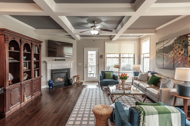 2044 Albatross Way, Gallatin, TN 37066 - living room with a fireplace, dark wood-style floors, ceiling fan, beam ceiling, and coffered ceiling