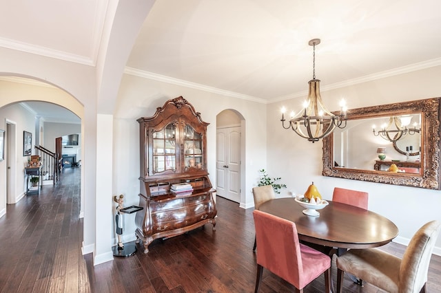 2044 Albatross Way, Gallatin, TN 37066 - dining space with arched walkways, a chandelier, wood-type flooring, and crown molding