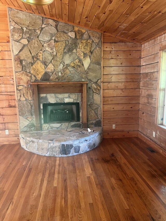 1010 Scott Rd, Bethpage, TN 37022 - detailed view of wooden ceiling, wood finished floors, a stone fireplace, and wood walls