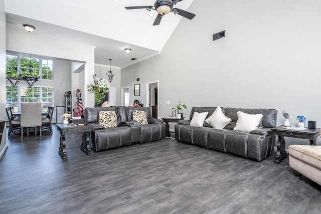 3134 Friars Bridge Pass, Franklin, TN 37064 - living room featuring high vaulted ceiling, ceiling fan, ornamental molding, dark wood finished floors, and a chandelier