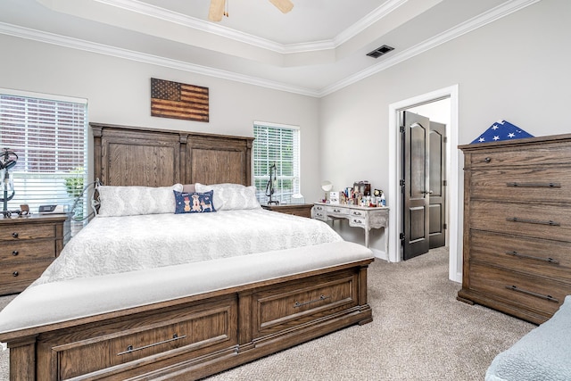 3134 Friars Bridge Pass, Franklin, TN 37064 - bedroom with a raised ceiling, light carpet, ornamental molding, and ceiling fan