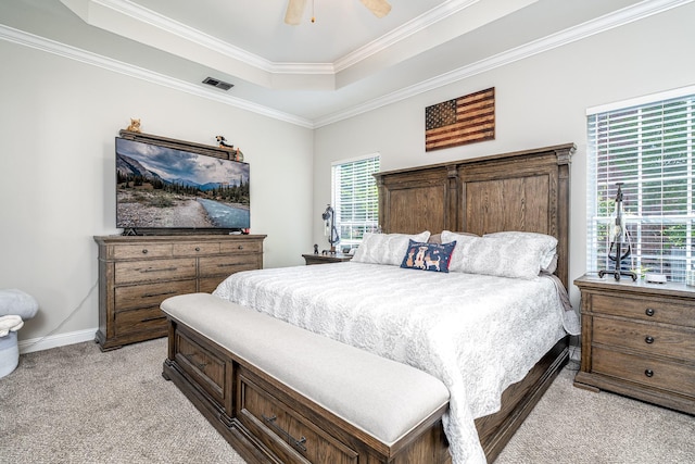 3134 Friars Bridge Pass, Franklin, TN 37064 - bedroom featuring a raised ceiling, light carpet, ornamental molding, and a ceiling fan