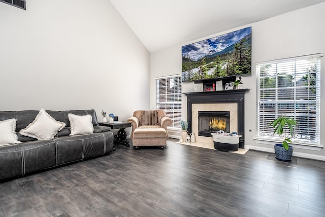 3134 Friars Bridge Pass, Franklin, TN 37064 - living area with a fireplace, high vaulted ceiling, and dark wood finished floors