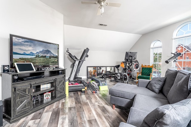 3134 Friars Bridge Pass, Franklin, TN 37064 - living room featuring wood finished floors, vaulted ceiling, and a ceiling fan