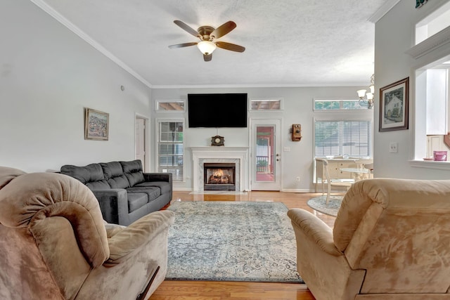 1707 University Dr, Columbia, TN 38401 - living area with light wood finished floors, a ceiling fan, a chandelier, ornamental molding, and a fireplace