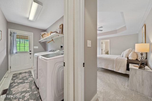8012 Campbells Point Rd, Corryton, TN 37721 - washroom with independent washer and dryer, a ceiling fan, and carpet