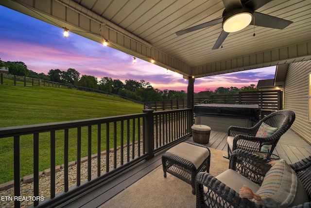 8012 Campbells Point Rd, Corryton, TN 37721 - view of wooden balcony with a hot tub, a ceiling fan, and a deck