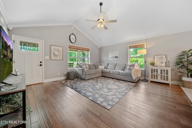 8012 Campbells Point Rd, Corryton, TN 37721 - living area with ceiling fan, wood finished floors, lofted ceiling, and crown molding