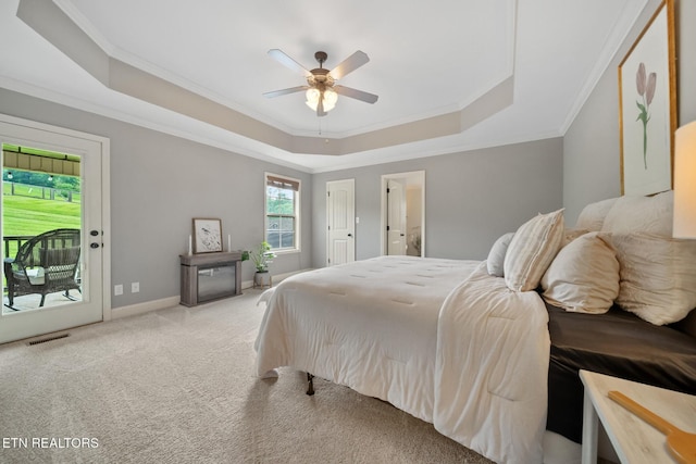 8012 Campbells Point Rd, Corryton, TN 37721 - carpeted bedroom with a raised ceiling, access to outside, crown molding, and a ceiling fan