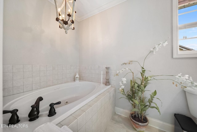 8012 Campbells Point Rd, Corryton, TN 37721 - full bathroom with a jetted tub, a chandelier, and ornamental molding