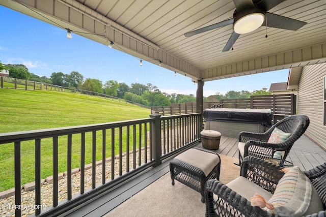 8012 Campbells Point Rd, Corryton, TN 37721 - view of wooden balcony with a hot tub, ceiling fan, and a wooden deck