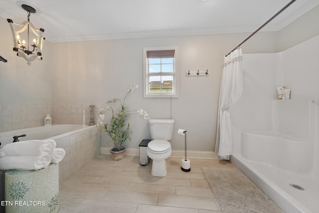 8012 Campbells Point Rd, Corryton, TN 37721 - full bathroom with tiled tub, a chandelier, crown molding, curtained shower, and tile patterned floors