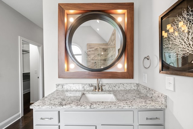 1150 Reda Dr, Clarksville, TN 37042 - bathroom with a stall shower, vanity, and wood finished floors