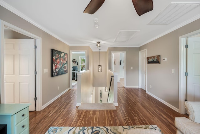 1209 Habersham Way, Franklin, TN 37067 - corridor with attic access, an upstairs landing, wood finished floors, and crown molding