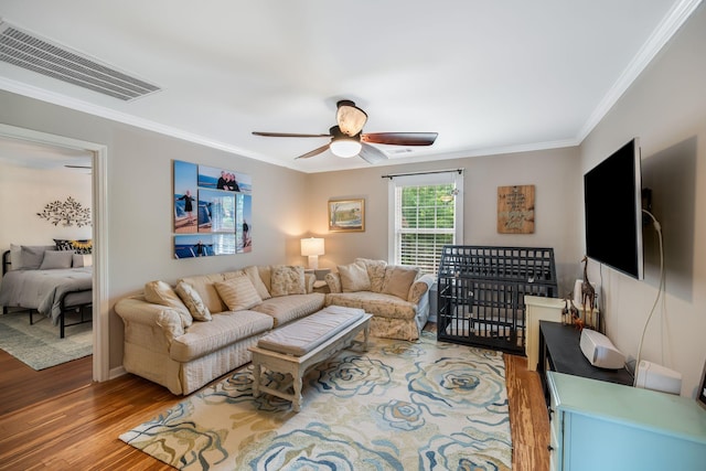 1209 Habersham Way, Franklin, TN 37067 - living room featuring ornamental molding, wood finished floors, and ceiling fan