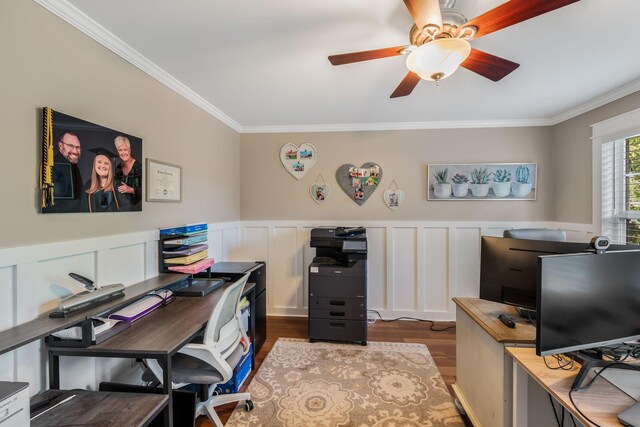 1209 Habersham Way, Franklin, TN 37067 - office space featuring ornamental molding, dark wood-style flooring, a ceiling fan, and wainscoting
