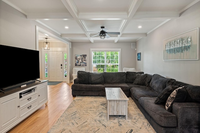 1209 Habersham Way, Franklin, TN 37067 - living area featuring beam ceiling, ceiling fan, light wood-style flooring, crown molding, and recessed lighting