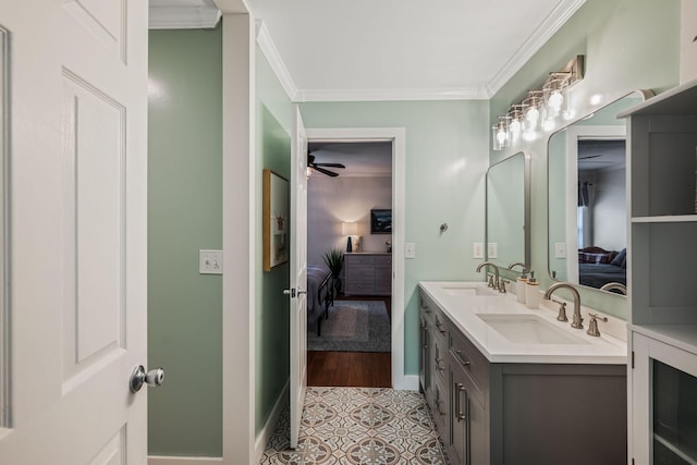 1209 Habersham Way, Franklin, TN 37067 - ensuite bathroom with ornamental molding, double vanity, tile patterned floors, and ceiling fan