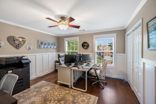 1209 Habersham Way, Franklin, TN 37067 - home office featuring dark wood-style floors, a ceiling fan, a wainscoted wall, crown molding, and a decorative wall