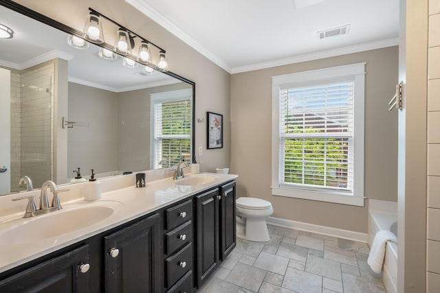 1209 Habersham Way, Franklin, TN 37067 - full bath with double vanity, a bathtub, crown molding, stone tile flooring, and a tile shower