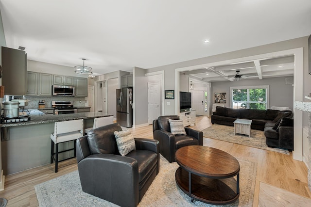 1209 Habersham Way, Franklin, TN 37067 - living area featuring a ceiling fan, coffered ceiling, light wood-type flooring, recessed lighting, and beamed ceiling
