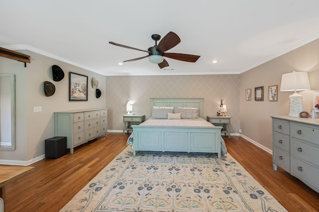 1209 Habersham Way, Franklin, TN 37067 - bedroom with crown molding, an accent wall, light wood finished floors, wallpapered walls, and a ceiling fan