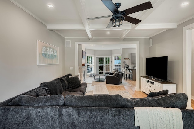 1209 Habersham Way, Franklin, TN 37067 - living area with recessed lighting, coffered ceiling, a ceiling fan, light wood-type flooring, and crown molding
